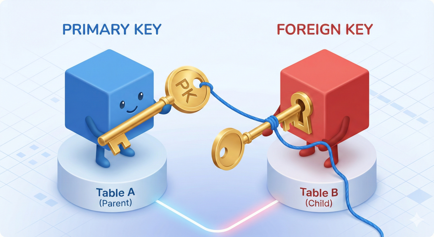 Jangan Kebalik! Bedanya Primary Key & Foreign Key: Kunci Biar Databasemu Nggak "Selingkuh" ke Tabel Lain. 🔑